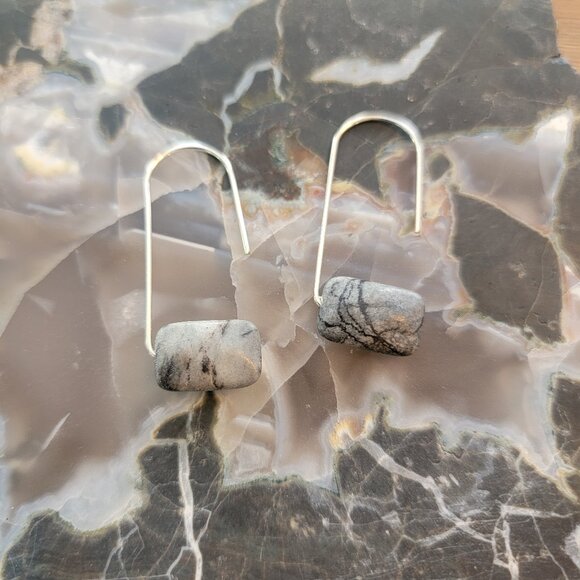 Boho Faux Floating Stone Gray w Silver Hook Earrings - Picture 3 of 11